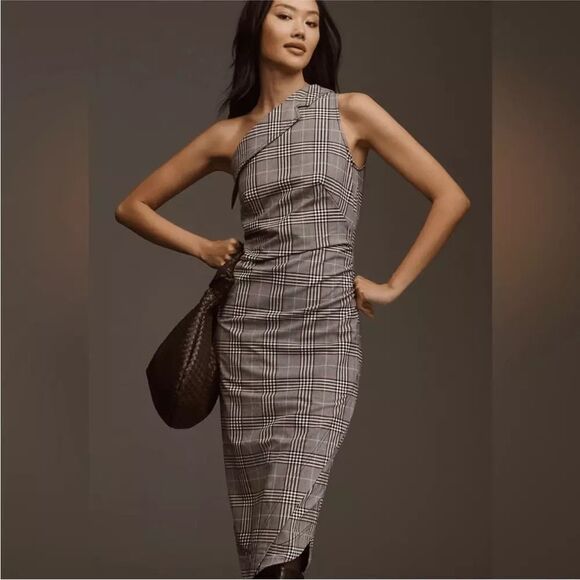 Maeve | Anthropologie One-Shoulder Asymmetrical Plaid Slim Midi Dress | 2 NWT - Picture 1 of 9
